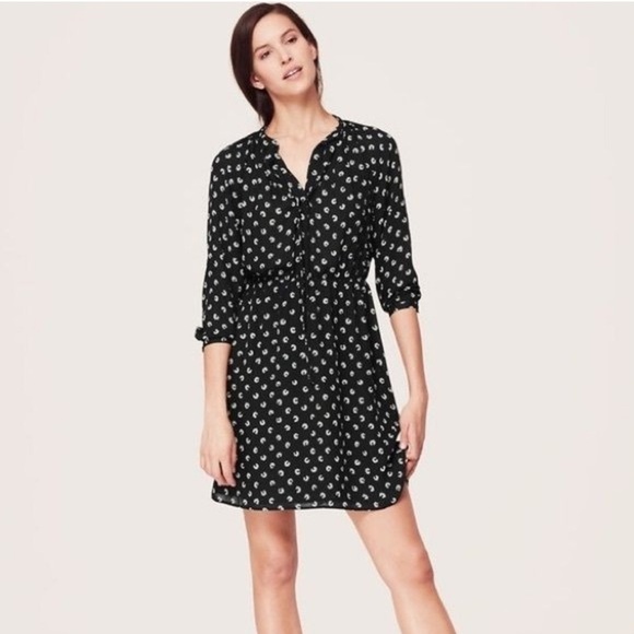 NWT LOFT Scroll Print Tie Neck Blouson Dress Fit and Flare Black and Mint Size 6 - Picture 1 of 15